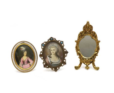 A miniature painting of a lady in gilt frame, and another after Gainsborough, a small rococco gilt metal easel mirror and an 