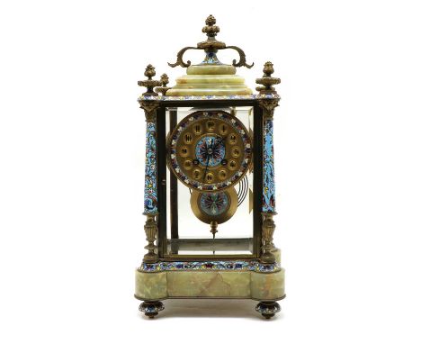 A late 19th century champleve enamel and green onyx mantel clock, 41cm high x 20cmCondition report: in overall good condition