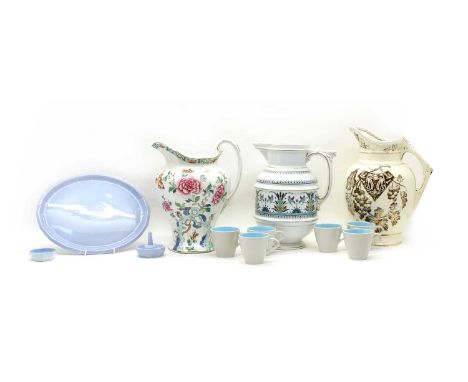 A mixed collection of ceramics, to include various large pottery jugs, Poole pottery coffee cups, part dressing table set (qt