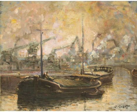 *Robert Colot (Belgian, 1927-1993)Barges on a river with an industrial landscape behindsigned 'R Colot' l.r., oil on board49 