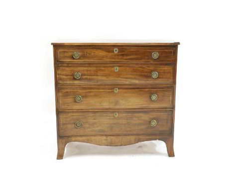 A Regency mahogany and boxwood strung chest of four graduated drawers, with fleur de lis ring handles, raised on swept bracke