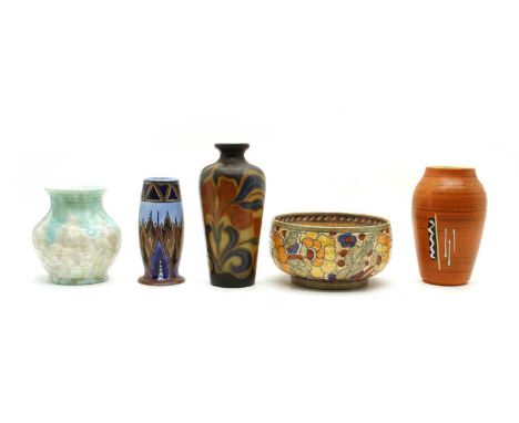 A Charlotte Rhead art pottery bowl, two colour art pottery vases and three German art pottery vases (6)Condition report: rest