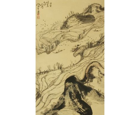 A Chinese hanging scroll, painted with boats crossing a river in a mountainous landscape, dated Year of Bing Yin (1986), sign