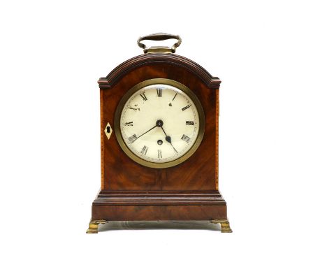 A mahogany cased table timepiece, the 18th century case with rosewood banding and a brass carrying handle and brass bracket f