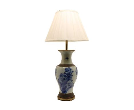 A modern Chinese blue and white vase lamp,  with brass mounts and white silk shade, 78cm highCondition report: No damages to 