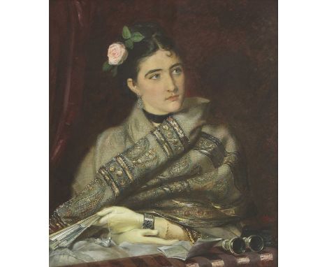 Joseph Middleton Jopling (1831-1884)Portrait of a young Spanish woman, in a grey paisley shawl, and with roses in her hair, h