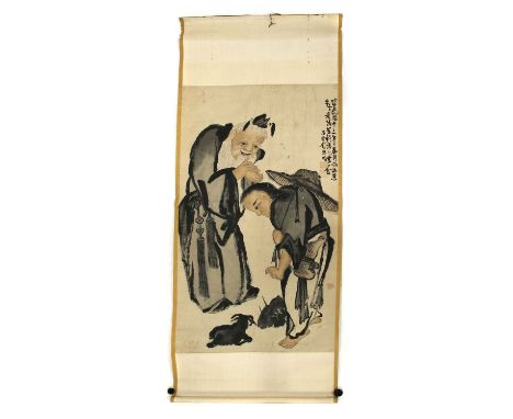 A Chinese gouache hanging scroll, 20th century, with an old man and a young man looking at a goat, dated 13th year of Republi