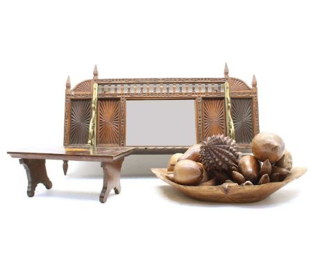 An Aesthetic movement carved walnut coat rack, 61 x 34cm, together with a miniature mahogany table, 28cm wide, 14cm deep, 10c