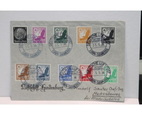 1936 LZ129 HINDENBURG 6th NORTH AMERICAN RETURN FLIGHT COVER   Hindenburg printed cover with 10, including 9 airmail eagles.A