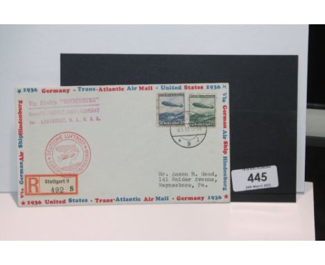 1936 LZ 129 HINDENBURG - FIRST NORTH AMERICAN FLIGHT  Attractive envelope with registered label for Stuttgart and two Hindenb