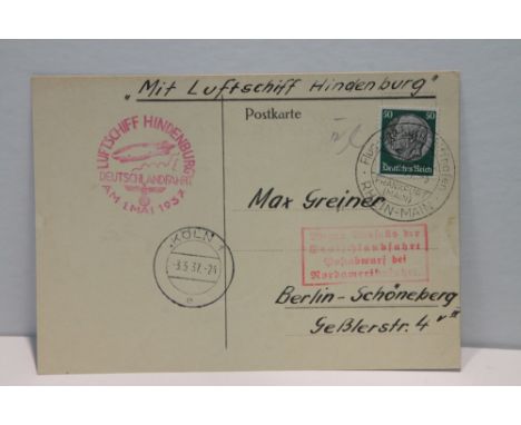 1937 LZ129 HINDENBURG, FRANKFURT TO KOLN FLIGHT COVER  The last flight before the Hindenburg's ill fated flight to the Lakehu