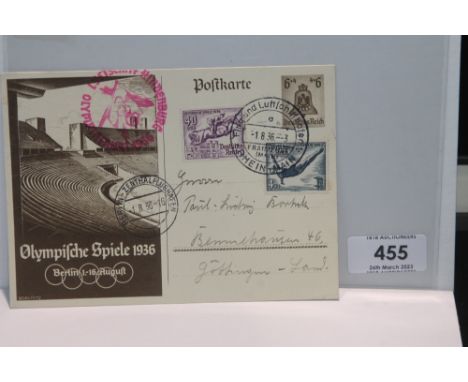 1936 LZ129 HINDENBURG BERLIN OLYMPIC GAMES FLIGHT COVER  Pre-printed Olympics card for Berlin games with 6+4pf, with addition