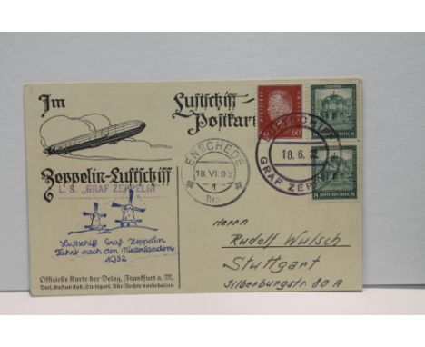 1932 LZ 127 GRAF ZEPPELIN, NETHERLANDS FLIGHT COVER, ON PICTURE POSTCARD  Picture postcard depicting aerial view of Leipzig, 