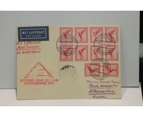 1931 LZ 127 GRAF ZEPPELIN EGYPT FLIGHT COVER   Plain postcard with 10 x 10pf values tied with Friedrichshafen date stamps and