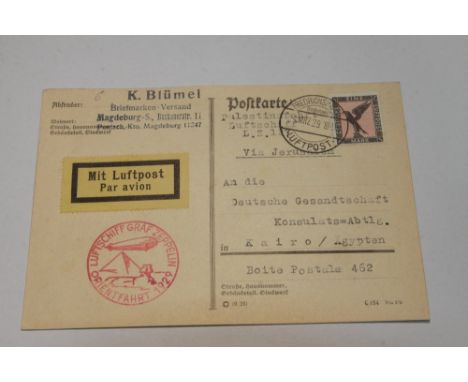 1929 LZ127 GRAF ZEPPELIN FLIGHT COVER - ORIENT FLIGHT TO EGYPT  Postcard with 1m Eagle airmail stamp, tied with Friedrichshaf