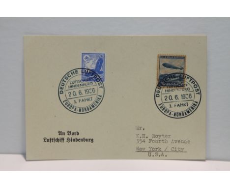 1936 LZ129 HINDENBURG 3rd NORTH AMERICAN FLIGHT COVER   Pre printed Hindenburg stationery card , which has been posted on boa