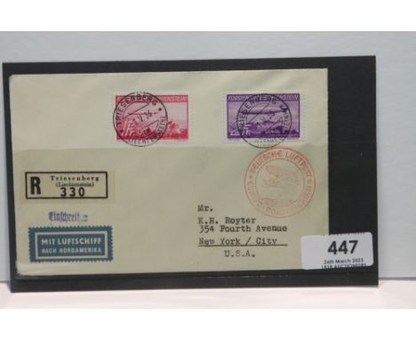 1936 LZ 129 HINDENBURG - 1ST NORTH AMERICAN FLIGHT COVER SENT FROM LIECHTENSTEIN   Registered cover with both of the 1936 Lie