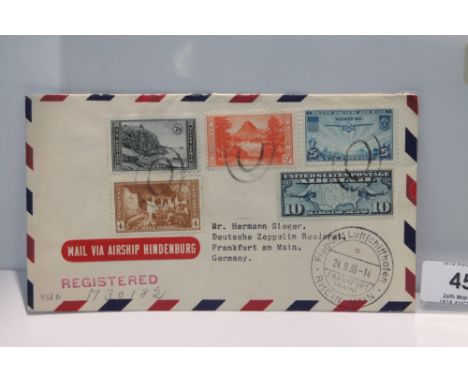 1936 LZ129 HINDENBURG 8th NORTH AMERICAN RETURN FLIGHT COVER  Five US values on cover and flown on Hindenburg to Frankfurt. N