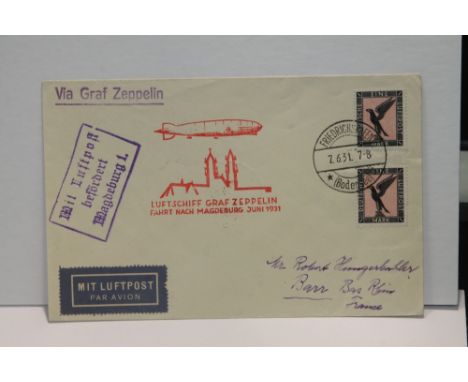 1931 LZ 127 GRAF ZEPPELIN MAGDEBURG LANDING FLIGHT COVER   Cover with 2 x 1RM eagle airmail stamps tied with Friedrichshafen 