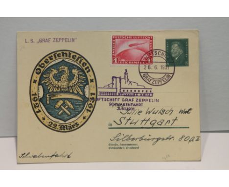 1931 LZ 127 GRAF ZEPPELIN SCHWABEN FLIGHT COVER   Stationery card uprated with 1RM Zeppelin airmail stamp. Card commemorates 