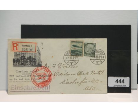 1936 LZ 129 HINDENBURG - FIRST NORTH AMERICAN FLIGHT  Carlton Hotel envelope with registered label and two values sent from H