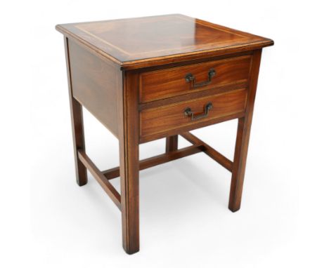 Georgian design mahogany bedside lamp table, square moulded top over two drawers, on square moulded supports united by H stre