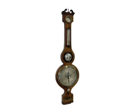 Mid 19th century mercury barometer - in a walnut case with a swan neck pediment, hygrometer, mercury thermometer, butlers mir