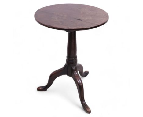 George III mahogany tripod table, circular tilt-top on ring turned gun barrel pedestal, on three out-splayed supportsDimensio