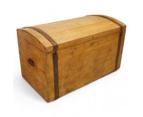 Late 19th century pine and metal bound dome top trunkDimensions: Height:&nbsp;67cm&nbsp; Length/Width:&nbsp;110cm&nbsp; Depth