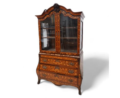 18th century Dutch marquetry walnut and gilt metal mounted vitrine cabinet on chest, shaped pediment carved with scrolling fo