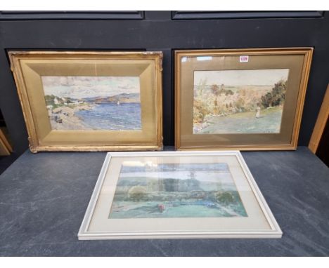 Dennis Maxwell, a river scene, pastel, 24.5 x 39cm; together with two other indistinctly signed watercolours. (3)
