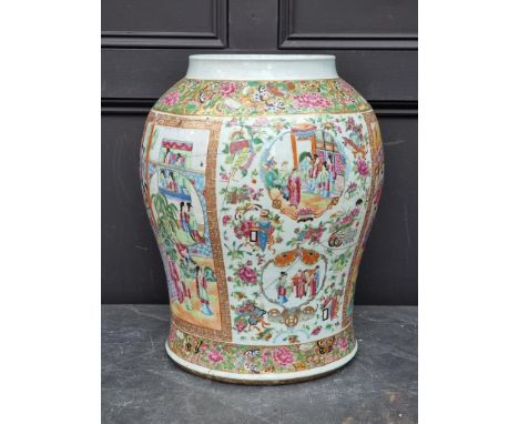 A large Chinese Canton enamel jar, 19th century, 49cm high, (as found).