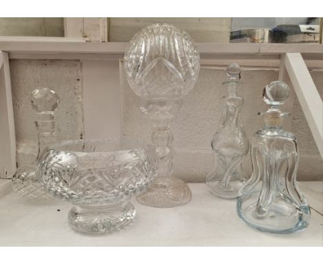 A mixed group of glass, to include two Holme Gaard clear glass decanters and stoppers; and a lamp &amp; shade. (5)