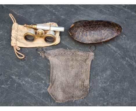 Taxidermy: a small turtle carapace, 16.5cm long; together with a pair of mother-of-pearl opera glasses; and a silver plated m