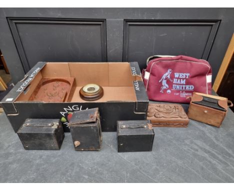A mixed lot, to include a 1970s West Ham United shoulder bag; a small Bagatelle board; cameras etc.