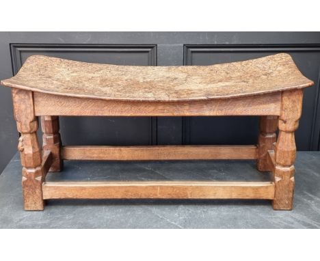 A rare and unusual early Robert 'Mouseman' Thompson burr oak double dish top stool,&nbsp;circa 1930s, 84.5cm wide.