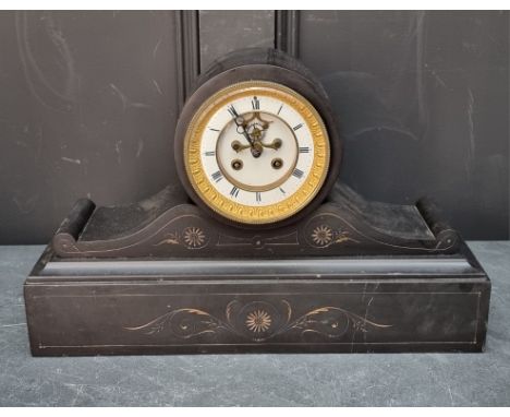 Two late Victorian slate mantel clocks, largest 45cm wide.