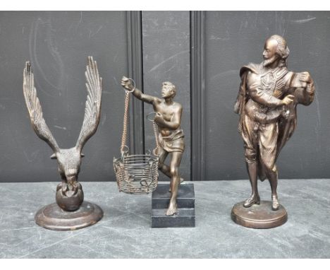 A bronze figure of William Shakespeare, 32cm high; together with a bronze eagle; and another classical style bronze. (3)