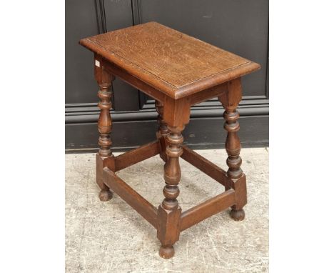 A 17th century style oak joint stool, 49cm wide.