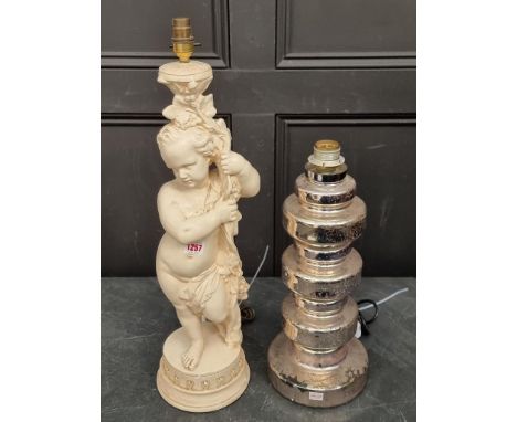 A plaster cherub table lamp, total height 65cm; together with another mirrored glass table lamp. (2)
