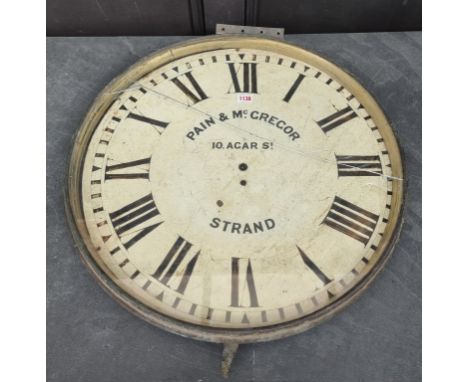 A 19th century painted metal 24in clock dial and bezel, the former inscribed 'Pain &amp; McGregor, 10 Agar St, Strand', (glas