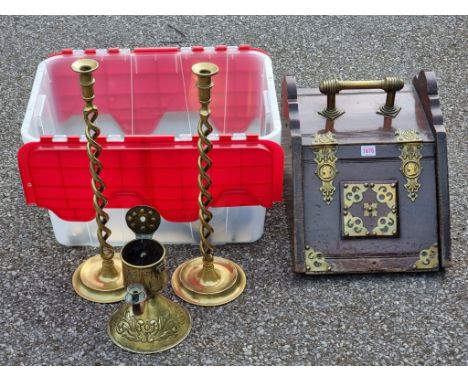 A collection of brass, to include an unusual Dutch oil lamp, 26cm high; together with a Victorian walnut coal scuttle, (as fo