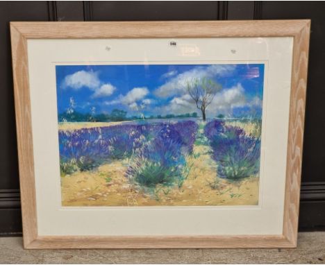Neil Canning, 'The Lavender Field', signed, labelled verso, pastel and watercolour, 54.5 x 74.5cm