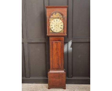 An early 19th century mahogany eight day longcase clock, with 14 1/2in painted arch dial, with pendulum and weights.