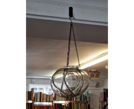 An old clear glass hexafoil hanging lantern, the glass 23cm high.