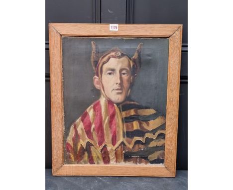 English School, early 20th century, head and shoulders portrait of a Harlequin, oil on canvas, 50 x 40cm.
