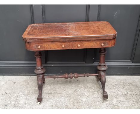 A Victorian burr walnut card table, 86.5cm wide, (as found).