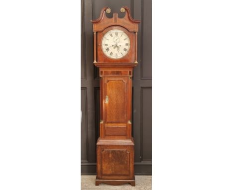 A George III oak, mahogany and inlaid eight day longcase clock, with 13in painted circular dial, 212cm high, with pendulum an