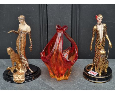 Two Franklin Mint 'Erte' limited edition figures, 23cm high, (losses to two fingers on one); together with a Murano glass vas