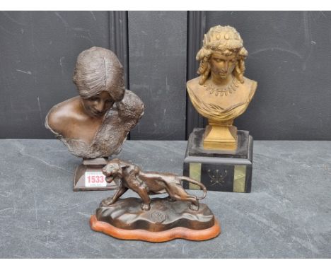 A bronze bust of a lady, 21cm high; together with a small bronze tiger, 17.5cm wide; and another gilt spelter bust. (3)
